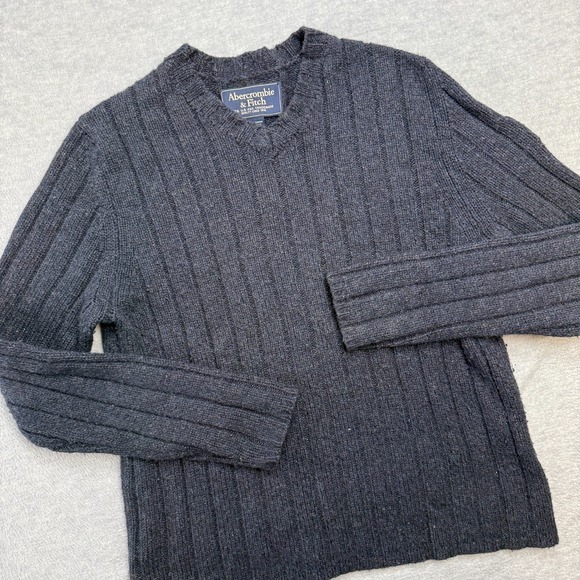 VTG Abercrombie Fitch Sweater Adult XL Navy Ribbed Knit V-Neck Lambswool Y2K - Picture 1 of 13